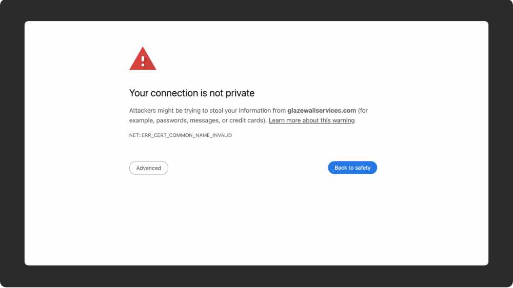 Browser address bar showing “Not Secure” message due to expired SSL certificate on a local business website