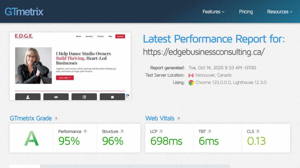 GTmetrix or PageSpeed Insights showing a slow website load time — example of poor hosting performance for small businesses in Edmonton