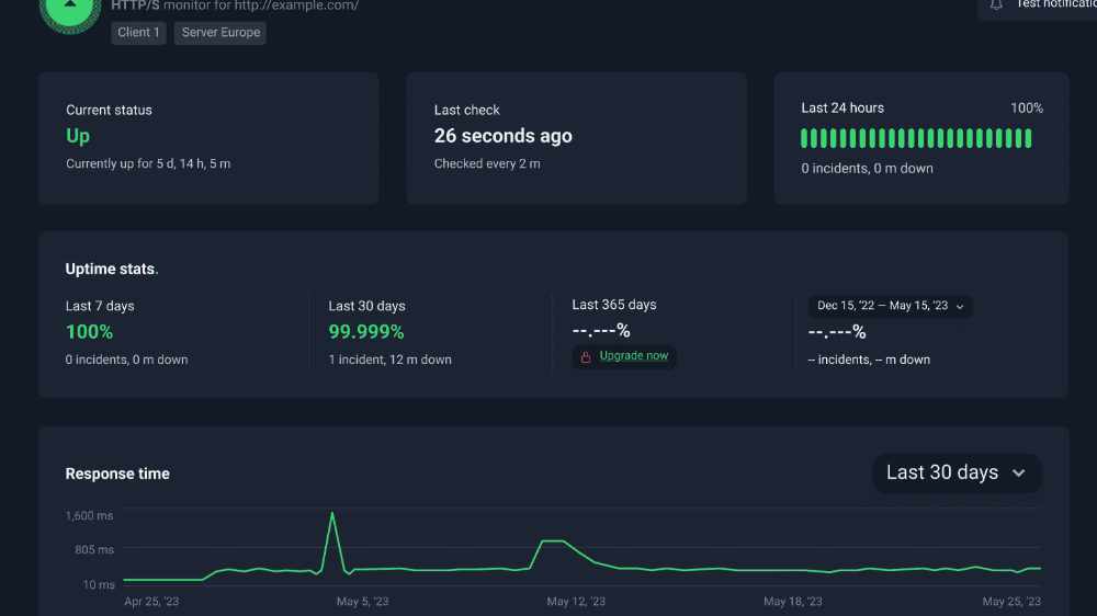 Website uptime monitoring dashboard showing up time, managed hosting keeps you informed instantly
