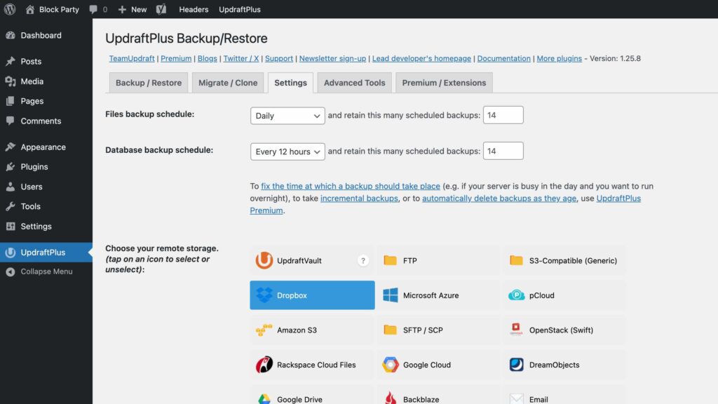 WordPress backup plugin dashboard showing automated daily backups for a business website in Edmonton